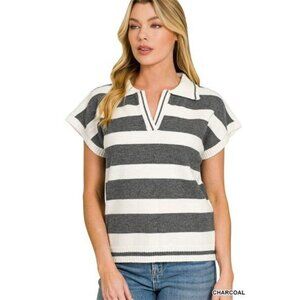 Zenana Striped Collared Short Sleeve Sweater